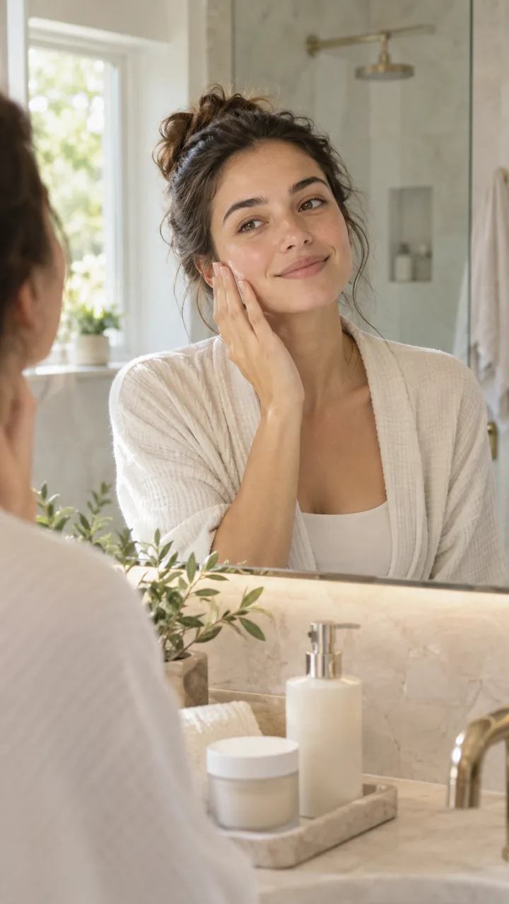 Fictional beauty creator demonstrating a skincare routine at a mirror