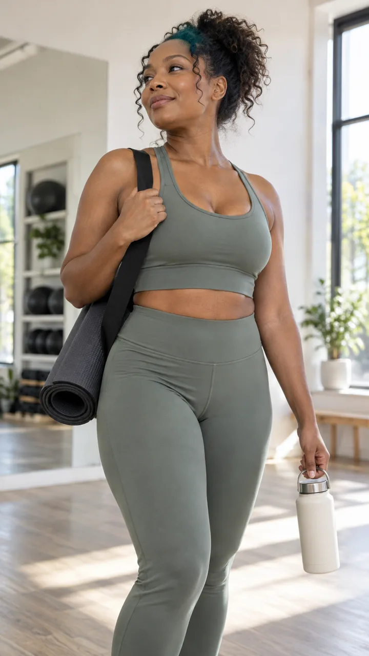 Fictional fitness creator carrying an exercise mat in a sunlit studio