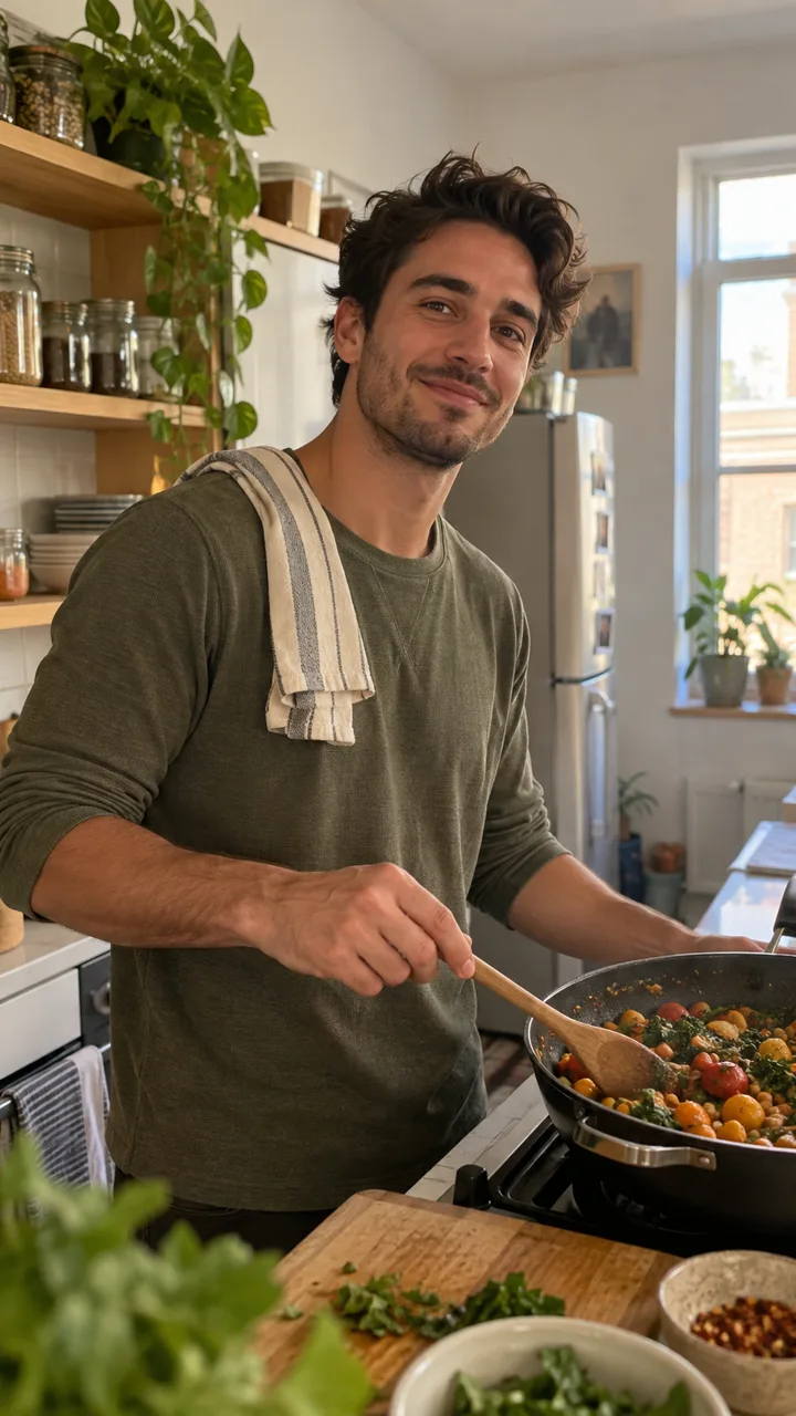 Fictional creator preparing a vegetable dish in a bright apartment kitchen