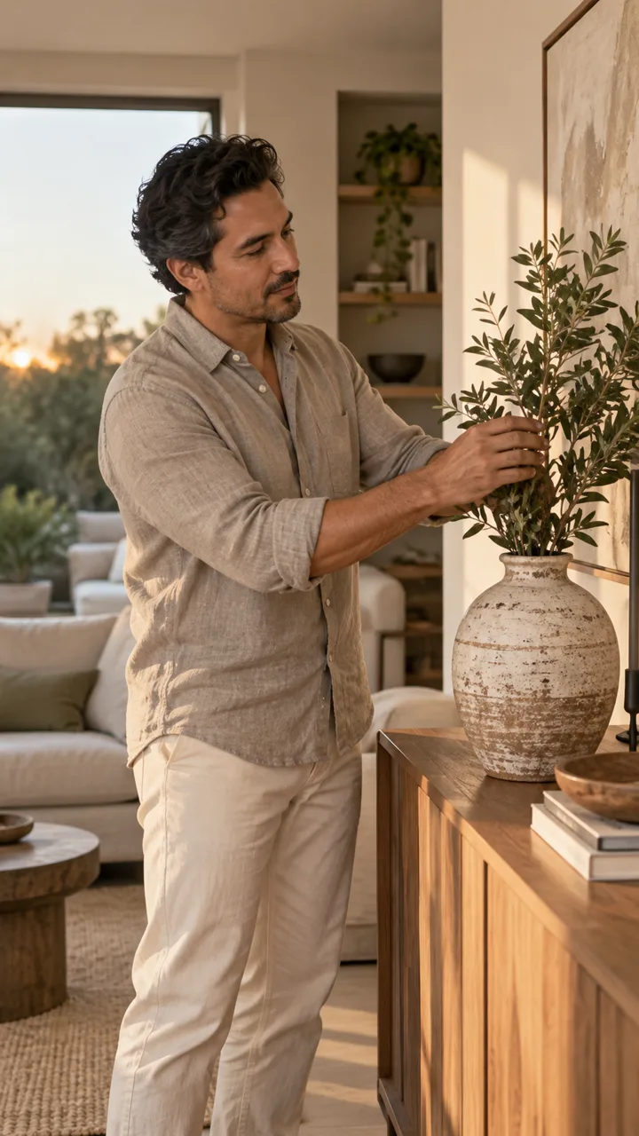 Fictional home creator arranging branches in a ceramic vase