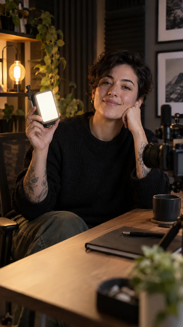 Fictional technology creator holding a compact video light in a studio