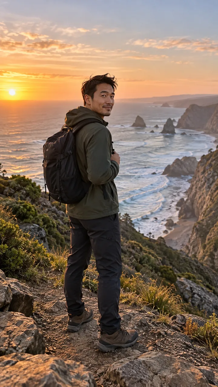 Fictional travel creator overlooking a dramatic coast at sunset